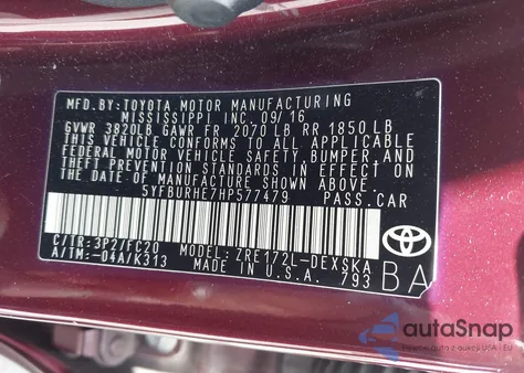 2017 Toyota Corolla Se Special Edition z USA, uszkodzony, nr VIN 5YFBURHE7HP577479